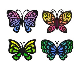 Fototapeta na wymiar Set of beautiful multi-colored openwork butterflies with a black outline. Colorful Isolated objects on a white background. Drawn design elements for logos, web icons, cute symbols. Vector illustration