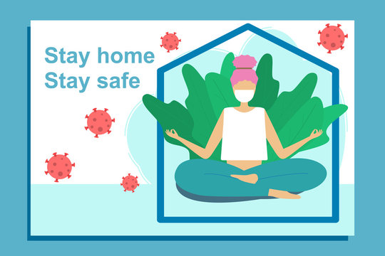 Vector image woman stay at home in yoga lotus asana in medicine mask surrounded green plants and coronavirus molecules outdoor.
