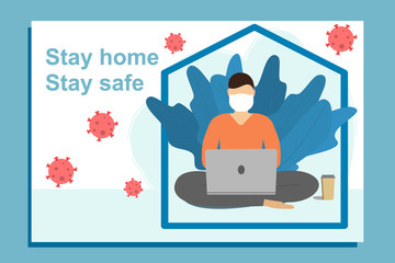 Vector image freelancer working from home. Man in lotus asana in medicine mask with laptop and coffee surrounded coronavirus outdoor.