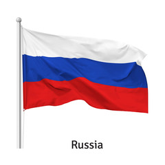Fototapeta na wymiar Flag of the Russian Federation in the wind on flagpole, isolated on white background, vector