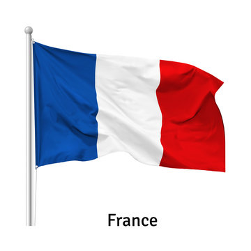Flag of the French Republic in the wind on flagpole, isolated on white background, vector