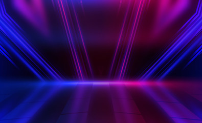 Background empty show scene. Ultraviolet dark abstract background. Geometric neon shapes, neon glow, blue and pink lighting