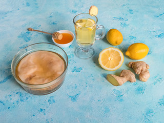 Kombucha fungus with ginger root, honey and lemon. Antiviral drink