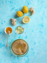 Kombucha fungus with ginger root, honey and lemon.