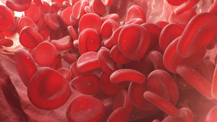 Fototapeta premium 3d illustration of red blood cells inside an artery, vein. The flow of blood inside a living organism. Scientific and medical microbiological concept. Enrichment with oxygen and important nutrients.