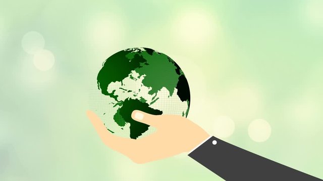 Earth Day. Planet Earth in moving. Hand holds World. Light green background. 4K Video