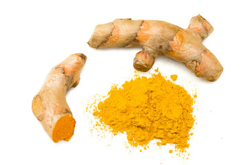 Turmeric powder with turmeric root isolated on white background. Top view.