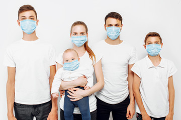 Family parents and children wear medical masks to prevent infection, airborne respiratory disease, coronavirus