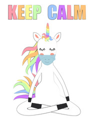 Quarantine. Warning Poster. Stay at home. The masked unicorn doing yoga meditation at home. Coronavirus epidemic.