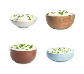 Set of delicious sour cream with onion in bowls on white background