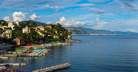 Wide panoramic view of Santa Margherita Ligure on the Italian Riviera overlooking the Gulf of Tigullio. Beautiful mediterranean landscape, Italy, Europe.