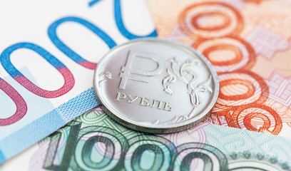 one russian ruble on russian rubles banknotes, macro