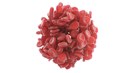 Abstract red blood cells clot in the shape of a sphere isolated on white background. Scientific and medical concept. Transfer of important elements in the blood to protect the body. 3d illustration