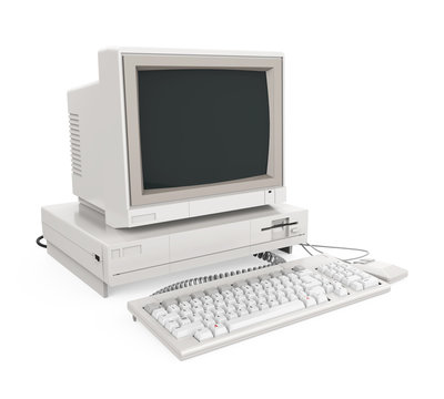 Old Desktop Computer with a Blank White Screen Monitor, Keyboard and Mouse Isolated