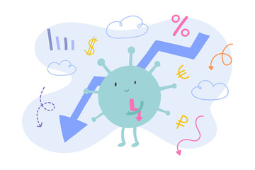 Coronavirus impact on global economy, stock market, business crisis, cute virus character with finance chart, arow down, concept of bankruptcy because of covid-19 pandemic, vector illustration