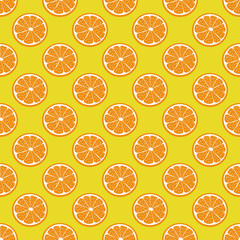 Creative seamless Citrus vector pattern. Orange slice on yellow background. Tropical fruit with hot summer mood. For the original, decorative and modern backdrop, cards, packagings, prints, etc.