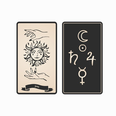 Sun tarot card front and back. Tarot card with sun and hands vector illustration.