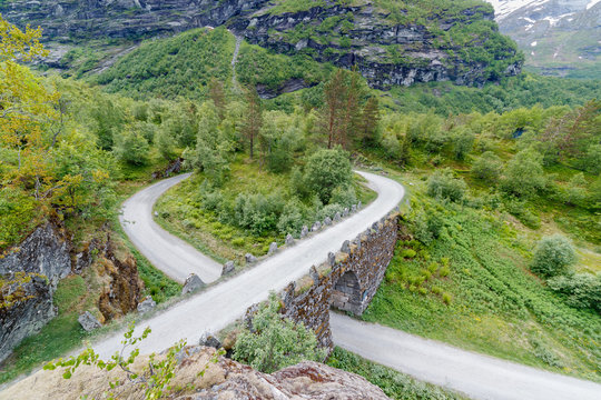 GEIRANGER, NORWAY - 2016 JUNE 13. Norwegian scenic route Knuten in Geiranger.