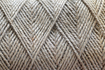 Top view of natural jute twine skein background, macro