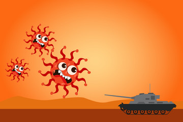 Illustration vector graphic of fight covid-19 corona virus. Army tank fighting with virus concept. flat illustration. Vector Fight virus. stopping corona virus. Vector illustration EPS10.