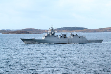 SMOLA, NORWAY - 2016 DECEMBER 01. NATO Warship F311 Roald Amundsen of the Royal Norwegian Navy in...
