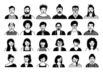 Hand drawn set of persons, avatars, people heads of different ethnicity and age in flat style. Multi nationality people faces social network line icons vector collection.
