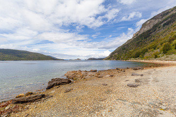 Fototapeta na wymiar Coastline of Lapataia Bay - Beagle Chanel, at Tierra del Fuego National Park - Ushuaia, Argentina