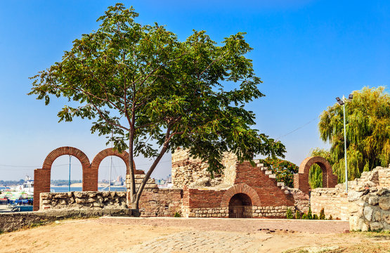 The ruins of Ancient Theatre in the old town of Nessebar in s sanny day. Burgas Region, Bulgaria.