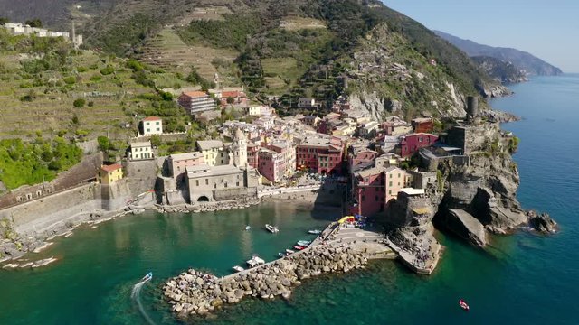 Aerial of Houses on Cliff in Cinque Terre, Italy