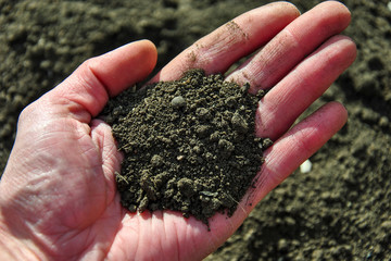  hand with soil, earth, soil, blurred background