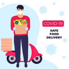 COVID-19. Coronavirus epidemic. Safe food delivery. The courier in a protective mask brought food