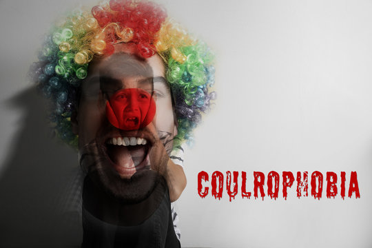 Coulrophobia concept. Double exposure of scared little boy and clown