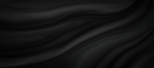 Black silk background illustration with dark luxurious fabric draped texture folds in waves of flowing soft pattern, abstract satin or velvet cloth in luxury material design for website or fashion
