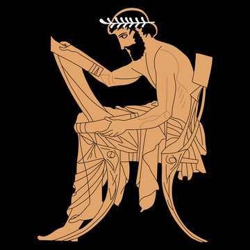 Seated Ancient Greek Man Reading A Scroll. Vase Painting Style. Isolated Vector Illustration.