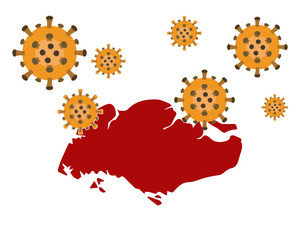 Illustration vector graphic of Coronavirus outbreak warning against a Singapore map background. Corona virus outbreak with Singapore map. Pandemic and corona virus outbreaks. Corona Virus Cell Vector