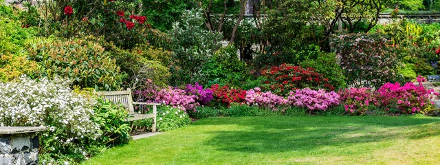 Gordijnen Prachtige tuin met bloeiende bomen in de lente, Wales, bannerformaat © manuta