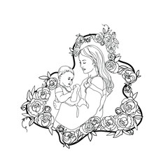 Lineart Mother with baby. Hand drawn vector stock illustration of young women with cute little baby in flowers wreath. Trendy design for cards, wallpapers, Mother's day. Doodle. Isolated on white. 