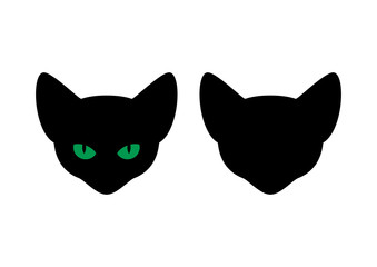 Cat head black silhouette vector. Cat with green eyes vector. Cat head icon isolated on a white background. Cat head icon set