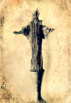 Wood jesus, the Good Shepherd, painting effect, old photo effect.