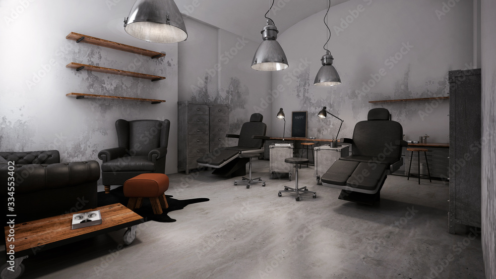 Wall mural industrial tattoo studio interior rendering