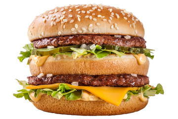 correct burger with double cutlet cheese and salad isolated on a white background - obrazy, fototapety, plakaty