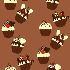 レトロカップケーキ　シームレスパターン　ブラウンB