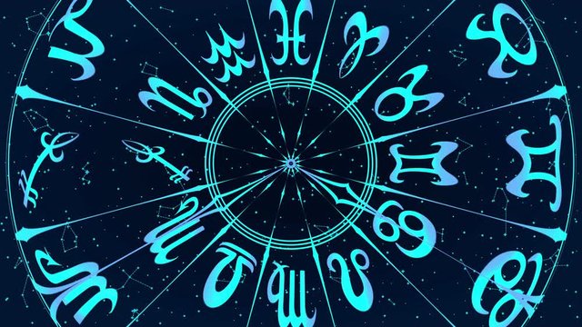 Round Frame with Zodiac Sign. Blue Horoscope Symbol. Panoramic Sky Map of Hemisphere. Colorful Constellations on Starry Night Background. Loop Seamless Stock Footage. 3D Graphic