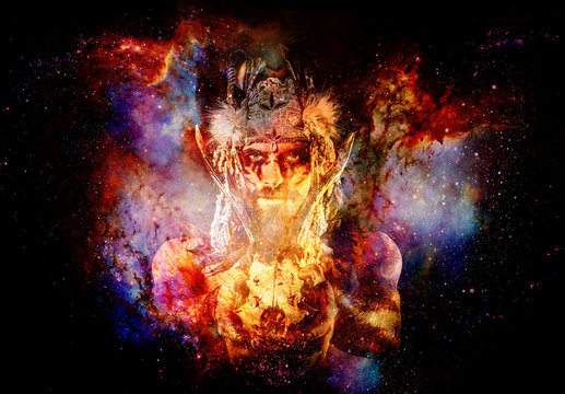 beautiful shamanic man with headband and deer skull on abstract structured space background.