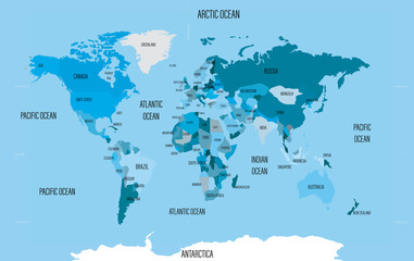 World map with names of countries and oceans. Travel agency concept