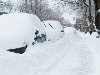 Parked cars on a Montreal street after a heavy snowfall