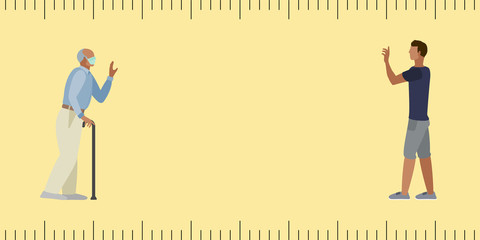 Younger man shows care for an elderly family member and maintains social distancing for COVID-19 coronavirus prevention concept vector with tape measure lines and copy space