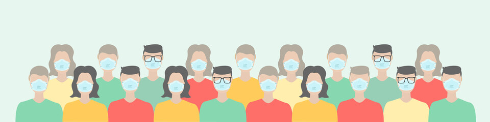 Group of people wearing medical masks to prevent disease, flu, air pollution, contaminated air, world pollution.