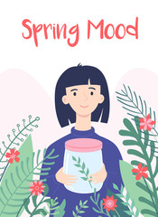 Spring mood concept design. Girl holding jar with green leaf on spring.  Vector flat cartoon illustration