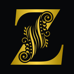 Gold letter Z. Vintage golden flower ornament initial letters.  Alphabet. Logo vector 
